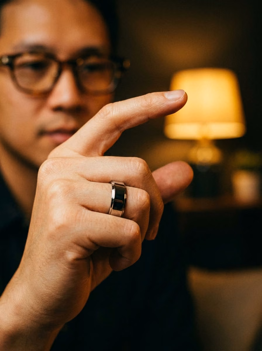 Close-up of the ED1TH smart ring mid-gesture